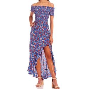 NWT— Off-The-Shoulder Smocked Asymmetric-High-Low Ruffle Hem Floral Bubble